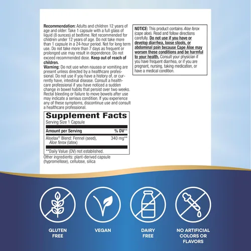 Vista 5 de Nature's Way Aloelax con semillas de hinojo para estreñimiento ocasional, 340 mg, 100