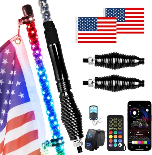 Vista 10 de Luces Whip Uemicip 2PCS 2FT Luces Whip LED RGB en Espiral para UTV, con Base de Resorte App y Control Remoto Inalámbrico RF, Antenas Whip Iluminadas