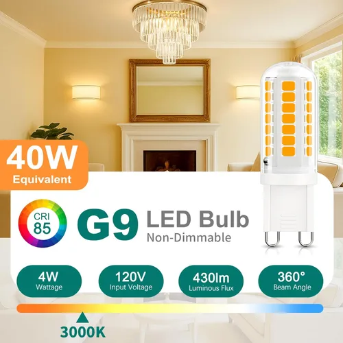 Vista 2 de DiCUNO Bombilla LED G9 de 4 W, 3000 K blanco cálido, equivalente a halógeno de 40 W, bombillas de araña T4 G9 con base de dos pines, no regulable