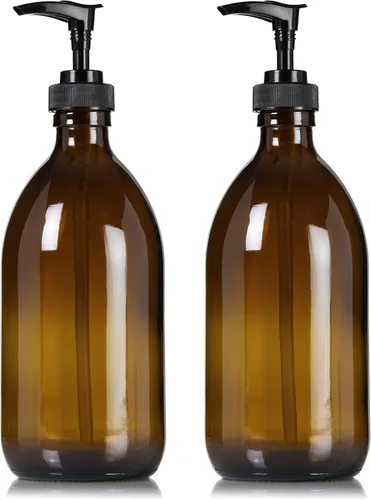 Dispensador de loción de jabón de manos de vidrio ámbar recargable, 16 onzas, paquete de 2 – Botella de boticario con bomba de plástico negro