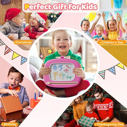 Vista 6 de Kikidex Juguetes para niños pequeños de 1 a 3 años, tablero magnético resistente, reutilizable, sin ensuciar, juguetes educativos de aprendizaje Rosa