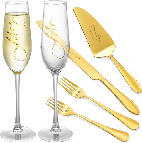 Juego de corte de pastel de boda, copas de champán con cuchillo para pastel y juego de servidor para novia y novio, regalos de boda para parejas,