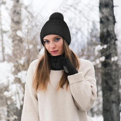 Vista 7 de Conjunto de 4 piezas de sombreros de invierno para mujer, bufanda, guantes y calcetines, gorro infinito, bufandas táctiles, calcetines de lana