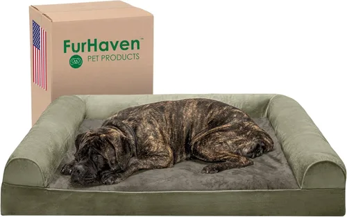 Vista 22 de Furhaven - Cama ortopédica para perros, estilo sofá, acolchada, con funda extraíble y lavable, marrón tostado, tamaño jumbo (XL)