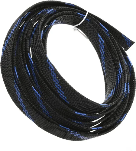 Bettomshin 1 funda de gestión de cables, 0.098 x 0.472 in (largo x ancho), protector de cable PET negro-azul, tubo de telar de alambre, funda