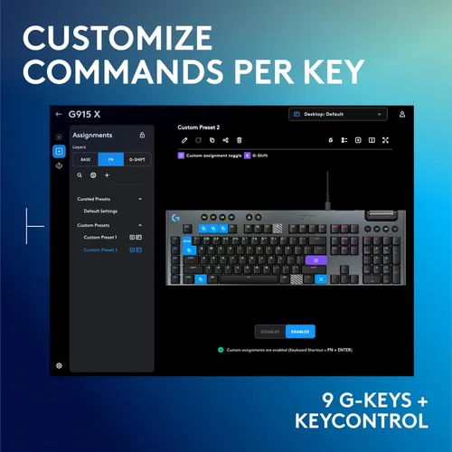 Vista 4 de Logitech G 915 X Teclado mecánico para juegos con cable, teclas PBT de doble disparo, teclas totalmente programables, teclados RGB retroiluminados