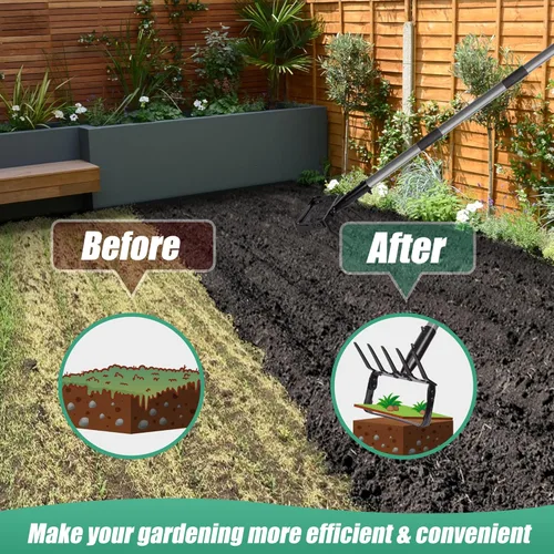 Vista 6 de Suchtale Azada de estribo de 82 pulgadas y rastrillo de 5 púas, azada de acción para deshierbe, azada 2 en 1 con mango ajustable de 37-82 pulgadas