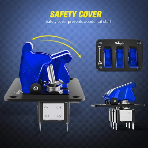 Vista 4 de Nilight - Interruptor de 3 palancas, panel basculante de 12 V con luz LED y cubierta abatible, placa de interruptor de encendido/apagado de alta