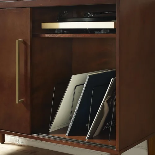 Vista 10 de Consola de medios y soporte para tocadiscos Crosley Furniture Everett con almacenamiento para discos de vinilo, color Avellano Acorn