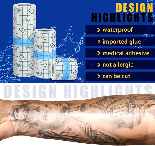 Vista 7 de Nuanchu 9 rollos de vendaje para cuidado posterior de tatuajes, impermeable, transparente, cinta adhesiva transparente para natación, 3 tamaños