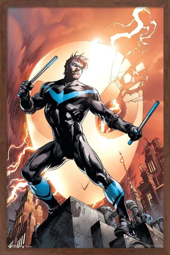 Vista 21 de Trends International DC Comics Nightwing - Póster de pared de fuego, 14.725 x 22.375 pulgadas, versión enmarcada de madera de granero