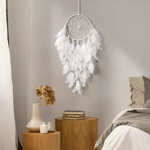 Vista 2 de Dremisland Atrapasueños de plumas blancas para colgar en la pared, elegante decoración de pared para ventanas, balcón, dormitorio, boda, fiesta, Sin