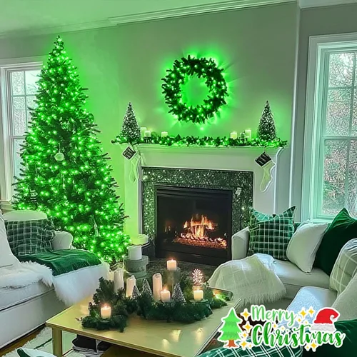 Vista 6 de JMEXSUSS 500 luces LED verdes de Navidad para interiores y exteriores, 8 modos de 163 pies, tira de luces verdes enchufables, cable transparente