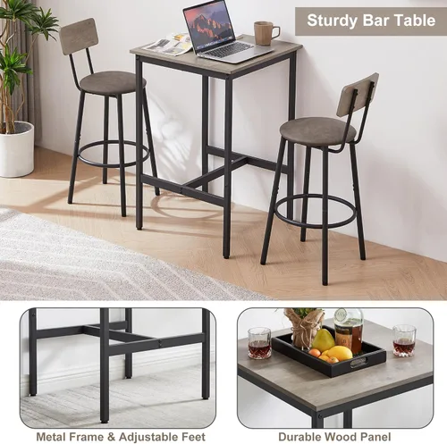 Vista 5 de Juego de 2 mesas de bar y sillas de bar, mesa de bistró y taburete de bar, mesa de comedor pequeña con taburete tapizado, color gris