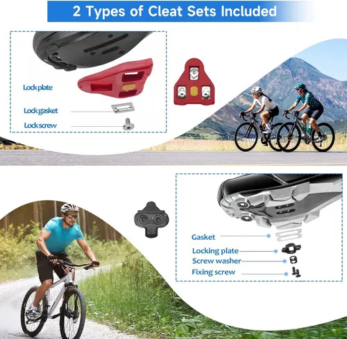 Vista 5 de ZCVTBYE - Pedales de bicicleta de doble plataforma con tacos, compatibles con sistemas Shimano SPD y Delta, para Peloton, bicicleta de carretera