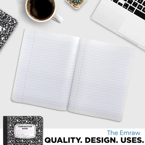 Vista 6 de Emraw - Libro de composición con tapa de estilo de mármol blanco y negro con 100 hojas de papel blanco con rayas anchas (paquete de 4)