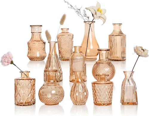 Juego de 12 jarrones de vidrio ámbar, jarrones de capullo transparentes a granel, mini jarrones para flores, pequeños jarrones de flores para