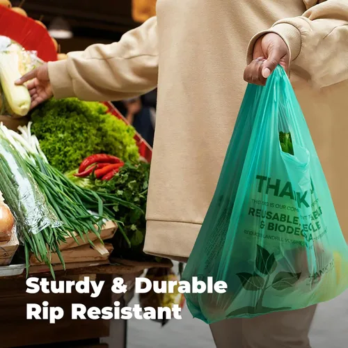 Vista 7 de FMP Brands Bolsas de plástico biodegradables ecológicas – 100 unidades con asas, bolsas de compras para camisetas de agradecimiento a granel