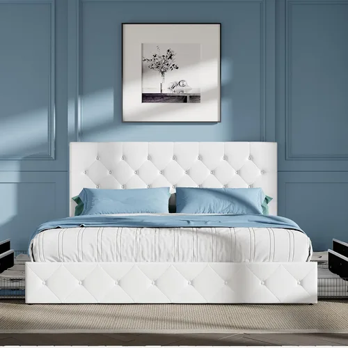 Vista 11 de HOOMIC Base de cama de almacenamiento de plataforma de tamaño matrimonial con 4 cajones y cabecera ajustable, listones de madera, no necesita