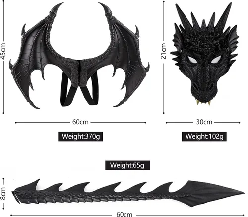 Vista 2 de Disfraz de dragón para niños y niñas, conjunto de máscara de cola de dragón para cosplay, disfraz de dragón de Halloween