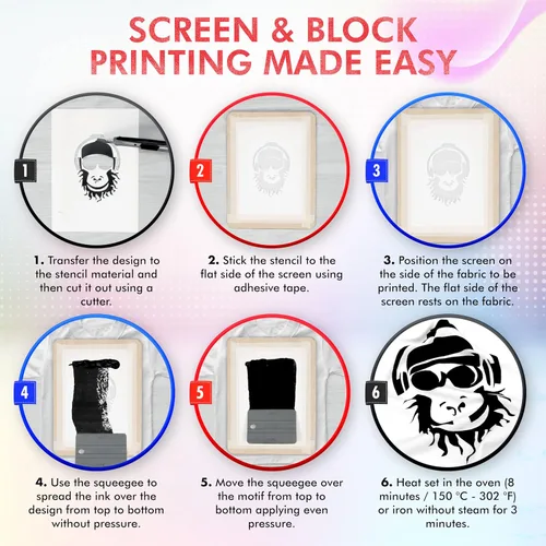 Vista 5 de Marabu Kit de serigrafía – Kit de impresión de pantalla con marco de madera reutilizable, 1 escobilla de goma de serigrafía y 3 tintas de 3.4 fl oz