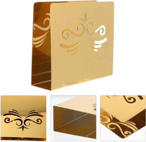 Vista 7 de Stainless Steel Napkin Rack with Gold Floral Pattern, Stylish Serviette Holder for Hotel and Home Use, Square Tissue Stand for Dining Table and