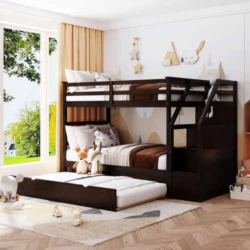 Vista 180 de Harper & Bright Designs Litera de tamaño matrimonial sobre matrimonial con 3 cajones, litera de madera maciza con almacenamiento y riel
