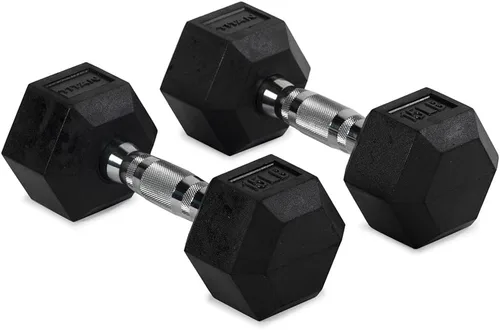Vista 10 de Titan Fitness Pair Rubber Coated Hex Dumbbells, Roll-Resistant Hexagonal Free Weights, Chrome-Coated Handles with Knurling, Strength Training