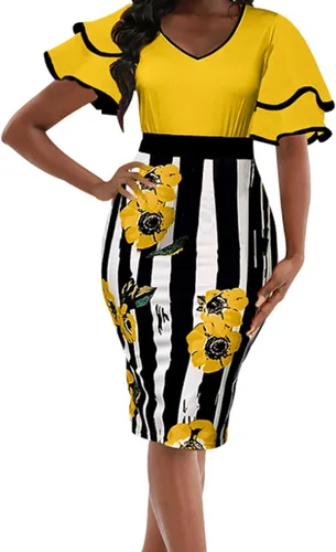 IbuduSexy Vestido de tubo para mujer, elegante, manga corta con volantes, estampado a rayas, cuello redondo, vestido de iglesia bodycon
