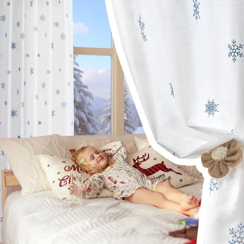 Vista 8 de Cortinas de copos de nieve de Jinchan para sala de estar y dormitorio, azul con bordado, blancas, de 63 pulgadas de largo (160.02 cm), con pestaña