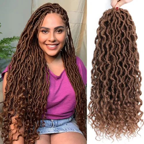 Vista 20 de Rastas de diosa de pelo de ganchillo de 18 pulgadas, 6 paquetes, pelo de ganchillo postizo previamente enrollado, pelo de ganchillo suave
