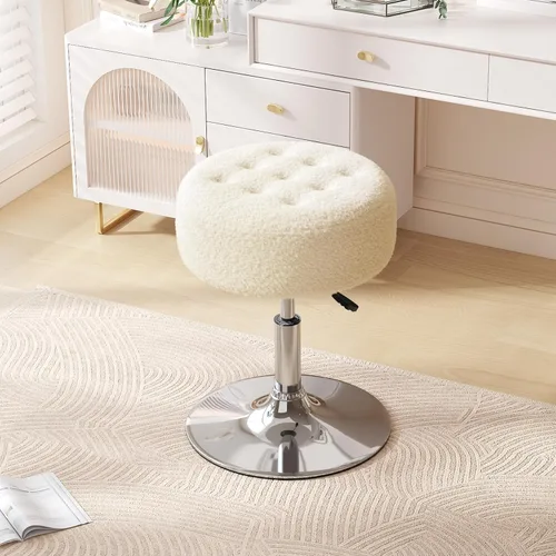 Vista 14 de Furniliving Taburete Otomano de Maquillaje de Terciopelo Acolchado de Mediados de Siglo, Silla Taburete de Tocador Giratoria Redonda Ajustable
