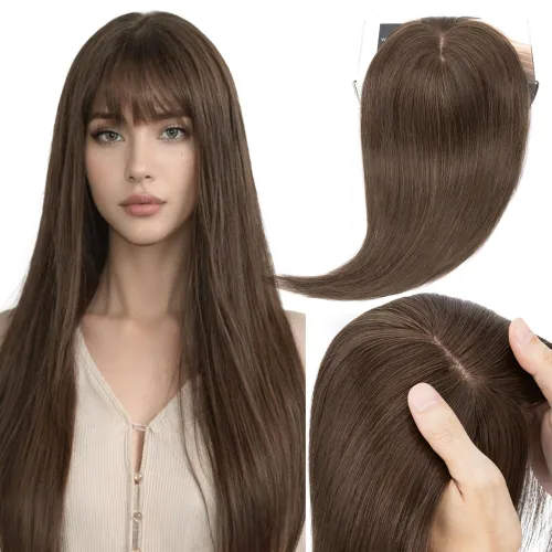 Vista 9 de Elailite Pelucas para mujeres con flequillo, cabello humano real, topper con cabello fino delgado de 13 cm x 7.1 cm, base de seda, cabello Remy