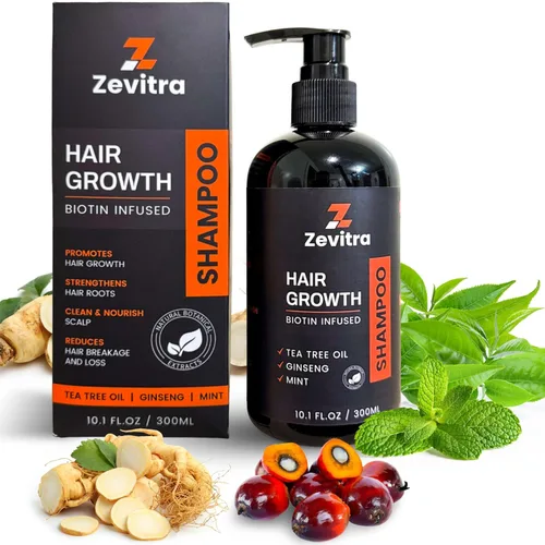 Champú para el crecimiento del cabello, fórmula botánica natural con infusión de biotina con aceite de árbol de té, ginseng y menta para un cabello
