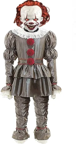 Vista 2 de IT - Disfraz de payaso, disfraz de payaso cosplay de Halloween para niños y adultos con máscara de payaso LED