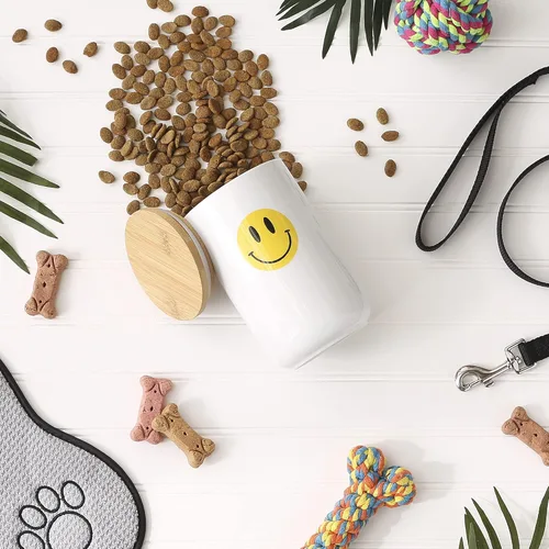 Vista 3 de Bone Dry Recipiente de cerámica para mascotas con tapa de bambú, apto para lavavajillas, almacenamiento de encimera, mantiene las golosinas