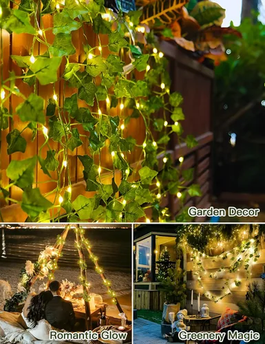 Vista 3 de suddus Guirnalda de luces solares de hiedra para exteriores, impermeable, 33 pies, 100 LED enredaderas falsas con luces, luz artificial de hadas