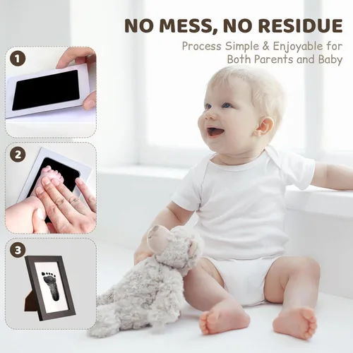 Vista 3 de Kit de huellas de bebé de 2 parques con 1 marco de madera, kit de huellas y manos sin tinta, sin ensuciar, almohadillas de tinta de tacto limpio