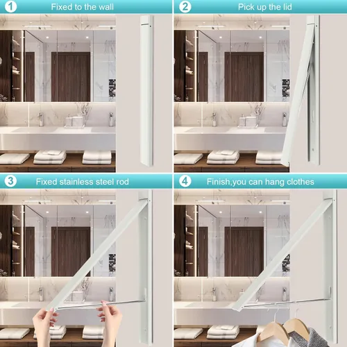 Vista 5 de Tendedero plegable para interiores, colgador de ropa montado en la pared para lavandería, organización de lavandería, colgador retráctil, estante