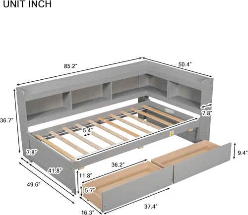 Vista 2 de Quarte Elegante cama de plataforma con estanterías en forma de L, cama de plataforma de madera tamaño individual con 2 cajones de almacenamiento