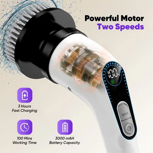 Vista 8 de Limpiador eléctrico giratorio inalámbrico, potente cepillo de limpieza de baño con mango largo, 2 velocidades, 3000 mAh recargable, 7 cabezales