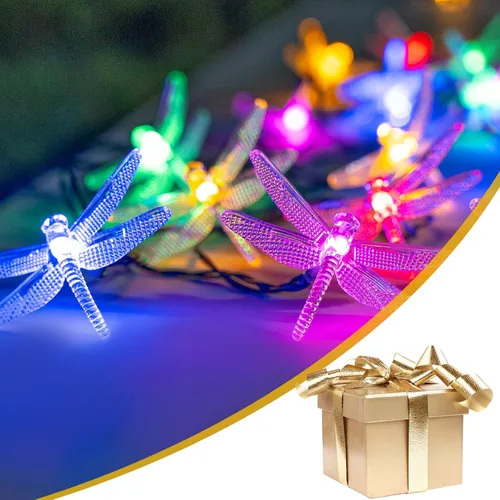 Vista 7 de 20 luces LED solares de libélula, 8 modos de luces de Navidad impermeables al aire libre, 10 pies alimentadas por energía solar, luces de libélulas