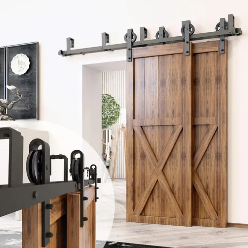 Homacer Kit de herrajes para puerta corrediza de granero en forma de U rústica, color negro, para puertas dobles/dobles, pista plana de 4 pies de