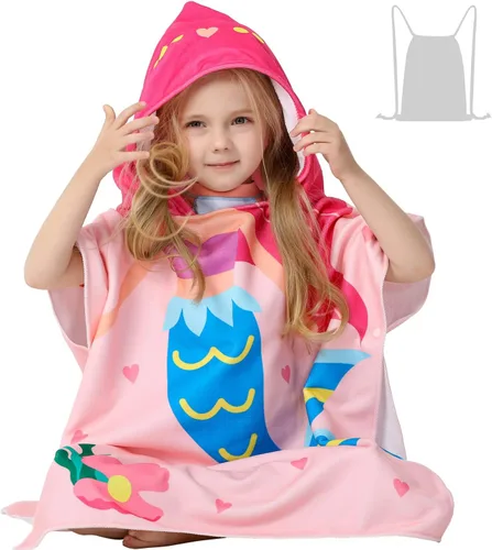 Toalla de playa con capucha de sirena rosa para niñas pequeñas, poncho de baño, piscina, natación, traje de baño suave y ligero de microfibra Nueva