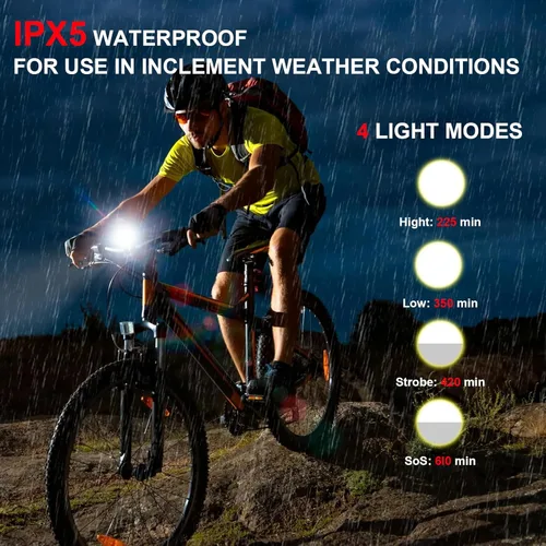 Vista 5 de Bocina de bicicleta con luz, luces de bicicleta de 110 dB para conducción nocturna, 4 modos de luz + 5 modos de sonido, IPX5 impermeable