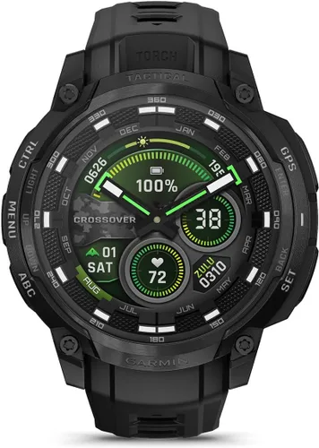 Vista 9 de PlayBetter Garmin Instinct Crossover AMOLED Tactical (negro) Caja de regalo de reloj inteligente GPS para exteriores, pantalla analógica