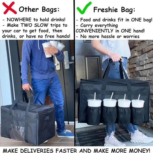 Vista 2 de FRESHIE Bolsa térmica para entrega de alimentos con portavasos/bebidas Premium, para Doordash, Uber Eats, Grubhub, bolsa de pizza, catering