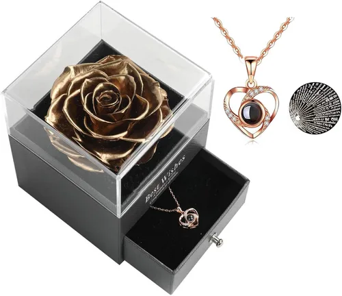 Vista 11 de Skalago Rosa real preservada con collar de corazón I Love You en 100 idiomas, hecho a mano, flor de rosa real encantada para el día de San Valentín