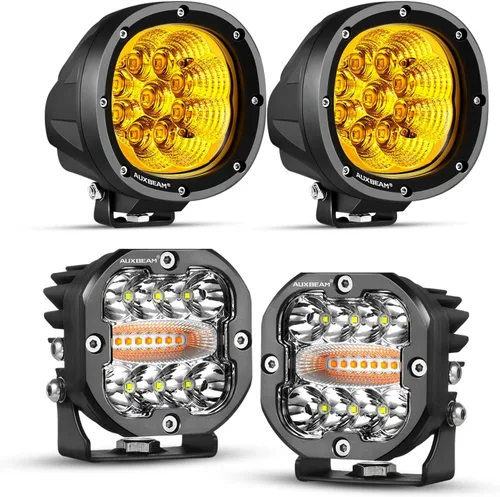 Auxbeam Luces LED redondas de 4 pulgadas para todo terreno + barra de luz estroboscópica de 3 pulgadas, blanco ámbar, 6 modos, 4 luces de conducción