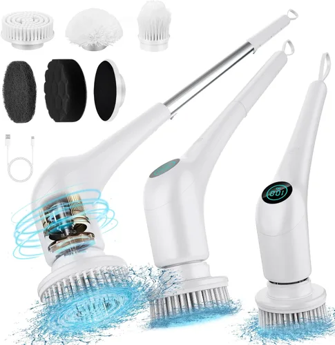 FUNCCUBE Limpiador eléctrico giratorio – Limpiador de ducha para bañera, cepillo de limpieza de baño, cepillos de piso con mango largo, limpiador
